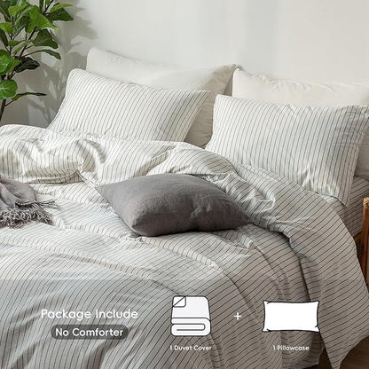 MooMee Striped Duvet Cover Set 100% Washed Cotton Linen Like Textured Breathable Durable Soft Comfy (White Dark Grey Wide Stripes, Twin 68"x90")