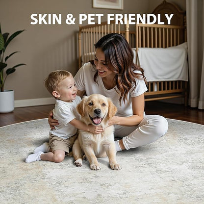 Round Rug 5ft Circle Rug Washable: Carpet Small Circular Area Rug for Entryway Kitchen Bedroom Dining Room Living Room 5 Feet Abstract College Dorm Non Slip Low Pile Beige Grey