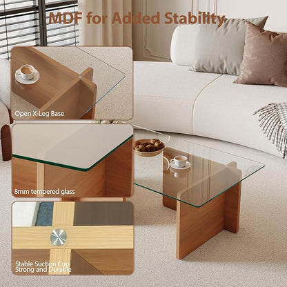Modern Glass Coffee Table, Artistic Rectangular Coffee Table with Tempered Glass Top and Geometric Wooden Base, Designer Minimalist Center Table for Living Room, Small Space, Apartment, Office