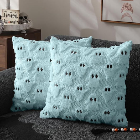 DFXSZ Halloween Pillow Covers 16x16 inch Set of 2 Blue Ghost Throw Pillow Cases Soft Plush Faux Fur Wool Cushion Case for Chair Bedroom Living Room Home Decor PTK03G16