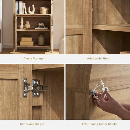 mopio Lauren 77.4" Tall Arched Cabinet, 5-Tier Arched Bookcase with Doors and Adjustable Shelves, Arch Bookshelf with Storage, Wooden Storage Cabinet for Living Room and Kitchen Pantry (Oak)