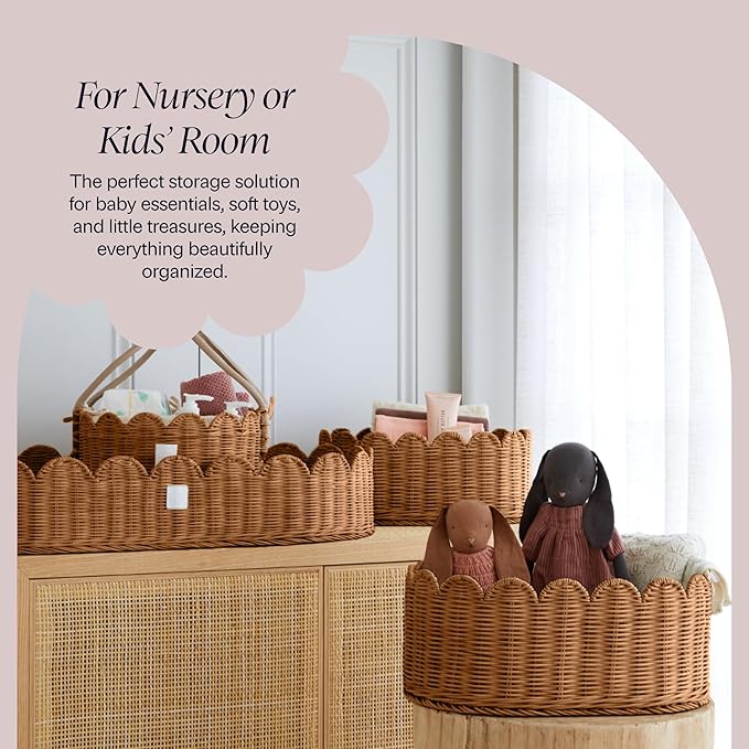 BEBE BASK Premium Scalloped Basket Set Of 2 - Scallop Basket - 16 x 10 x 7 Inch - Hand-Woven Elegant Wicker With Scalloped Edge - Nursery Storage (Mocca)