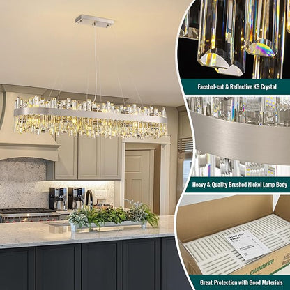 Siljoy Large Rectangular Crystal Chandelier, Modern Oval Brushed Nickel 2-Tiers K9 Crystal Raindrop Chandelier Ceiling Light for Dining Room, Living Room Kitchen Island Bar, E12 x 20, L52''