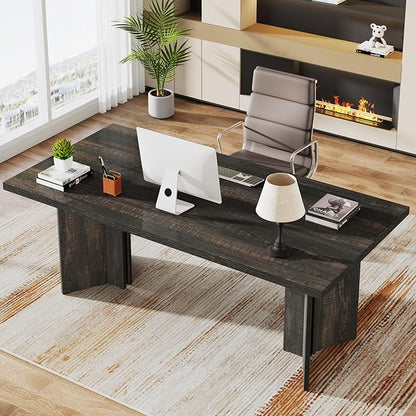 Tribesigns 63-inch Executive Desk, Vintage Office Computer Desk with Large Tabletop, Farmhouse Wood Writing Conference Table Workstation for Home Office, Study, Dark Gray