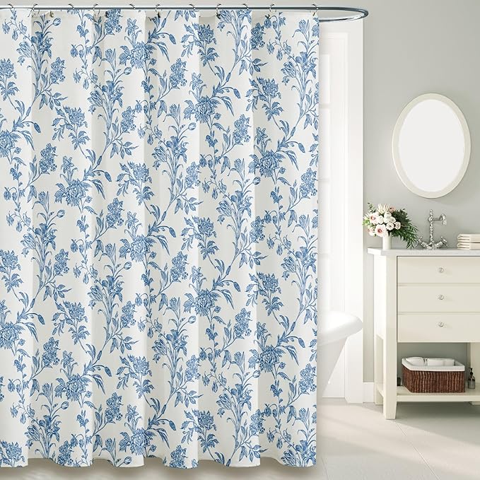 Extra Long Shower Curtain Blue Floral Cotton Cottagecore Shower Curtain for Bathroom 72" W x 84" L