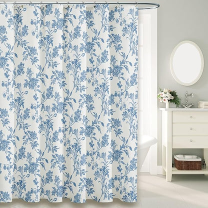 Extra Long Shower Curtain Blue Floral Cotton Cottagecore Shower Curtain for Bathroom 72" W x 84" L