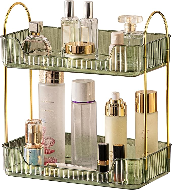 2 Tier Bathroom Organizer Countertop Makeup Perfume Skincare Organizer for Bathroom Dresser Vanity (Green)