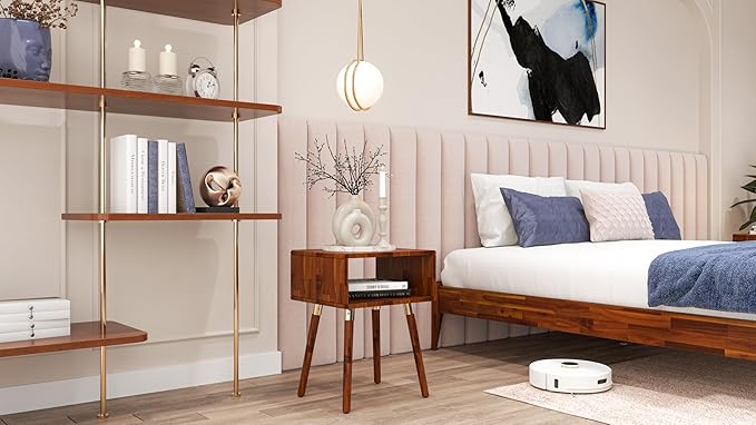 Bme Dinkee Solid Wood Bedside Table Without Drawer for Mid Century Bedroom and Living Room, Dark Chocolate
