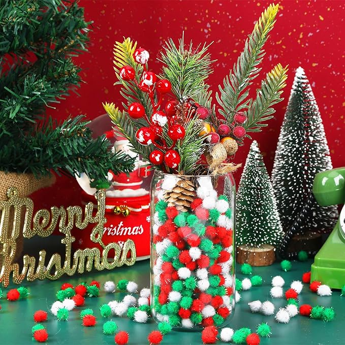 SEPGLITTER Christmas Pom Poms Balls, 1000 Pieces Red Green White Glitter Pompoms Pom Poms for Crafts Making DIY Holiday Christmas Decorations Supplies (3 Colors, 1 cm )