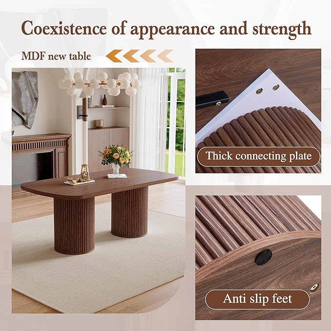 78.7" Extra Long Dining Table for 6-10 People, Farmhouse Kitchen Table with Cylindrical Fluted Bases, Rectangular Dining Table for Dining Room, Kitchen, Living Room, Walnut