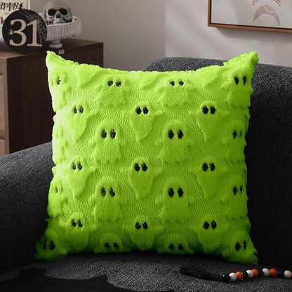 DFXSZ Halloween Pillow Covers 16x16 inch Set of 2 Green Ghost Throw Pillow Cases Soft Plush Faux Fur Wool Cushion Case for Chair Bedroom Living Room Home Decor PTK03Y16
