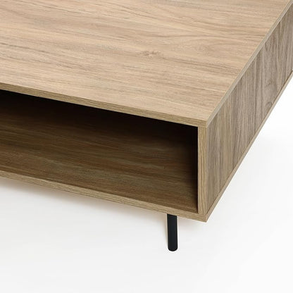 LuxenHome Mid-Century Modern Coffee Table with Storage, Wave Design Farmhouse Wood Center Table with Metal Legs, Open Shelf & Drawer, Accent Tea Table for Living Room, Rustic & Functional Design