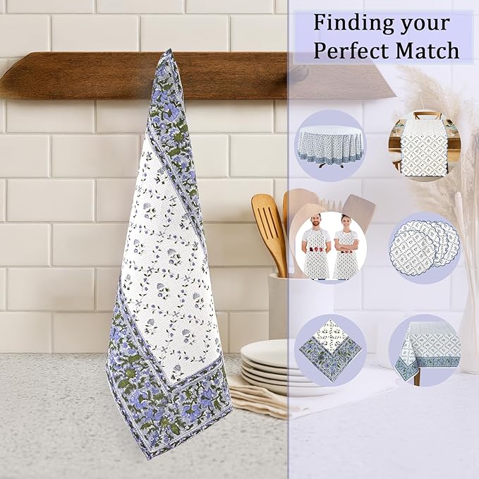 Ridhi Powder Blue Hand Block Print Waffle Kitchen Towel Set of 3-16 x28 Ultra Absorbent Quick Dry 100% Cotton Dish Towels Lightweight Reusable Sustainable Tea Towels for Cleaning and Drying