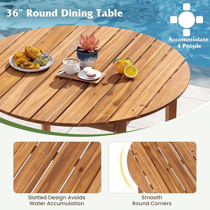 Tangkula Round Outdoor Dining Table for 4 People, 36 inch Acacia Wood Patio Table with Slatted Tabletop, Indoor Outdoor Farmhouse Bistro Table for Yard, Garden, Poolside, Deck
