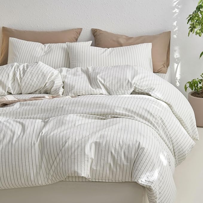 MooMee Striped Duvet Cover Set 100% Washed Cotton Linen Like Textured Breathable Durable Soft Comfy (White Sage Green Wide Stripes, Super King Plus 120"x120")