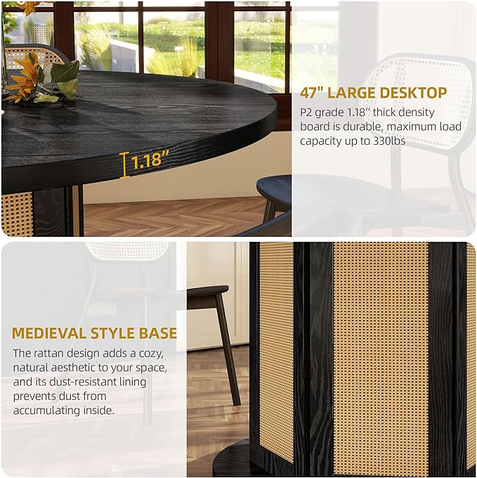 DWVO Round Dining Table for 4-6 People, 47 Inch Farmhouse Kitchen Table with Rattan Circular Base, Black