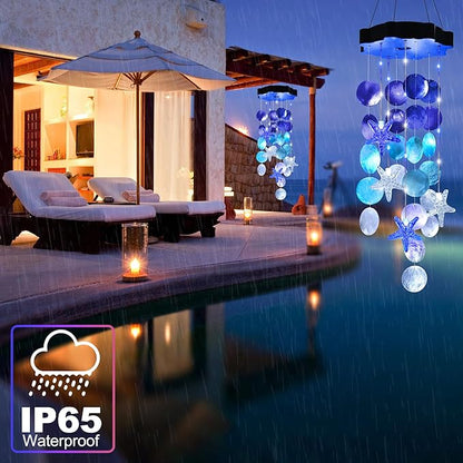 Solar Shell Gift for Mom Grandma Girls, White & Blue Christmas Solar Wind Chimes for Outside, Outdoor Decorative Mobile Lights for Garden, Yard, Patio, Window, Party, Outdoor Decorations