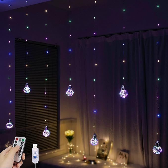 YOLIGHT Wishing Ball Curtain Lights 200 LED Window Curtain String Light with Remote, USB Battery Powered Twinkle Globe Fairy Lights for Wedding Party Bedroom Christmas Decoration (Multi-Colored)