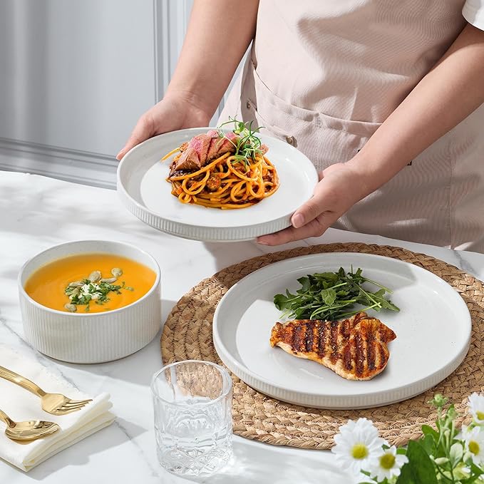 E-far 12-Piece Plates and Bowls Sets, Stoneware Dinnerware Dishes Sets for 4, Kitchen Modern Dining Dishware, Chip & Scratch Resistant, Microwave & Dishwasher Safe, Speckled White