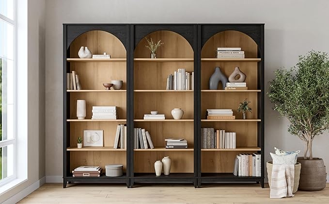 Prepac Ark 78" Tall 5-Tier Arched Bookcase, Black Oak with Oak Finish Interior, Modern Storage Accent Bookshelf with 3 Adjustable Shelves for Home, Office, Living Room, Bedroom