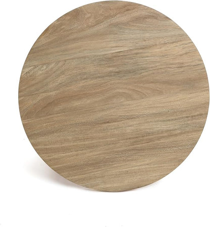 LuxenHome Round Coffee Table with 4 Pillar Legs, 27.5'' Wide Accent Center Table, Modern Farmhouse Oak Finish Wooden Low Cocktail Tea End Table with Sturdy Base for Living Room Home Office