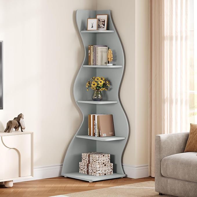 Tribesigns Wavy Corner Shelf, Modern 5-Tier Bookshelf Bookcase with Curvy Shape, Unique Plant Stand Display Rack for Living Room Small Space (Blue)