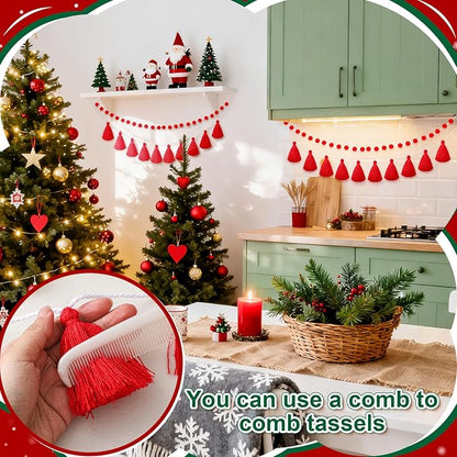 Syhood 4 Pcs Thanksgiving Christmas Pom Pom Tassel Garland Fall Felt Ball Banner Decorative Colorful Pompom Garland for Thanksgiving Autumn Xmas Theme Party Classroom Home Decor(Red Color)