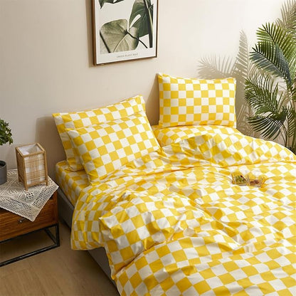 CLOTHKNOW Yellow Plaid Full Comforter Set 3Pcs Grid Bedding Comforter Sets Yellow White Comforter Full Soft Light Yellow Full Size Comforter Sets