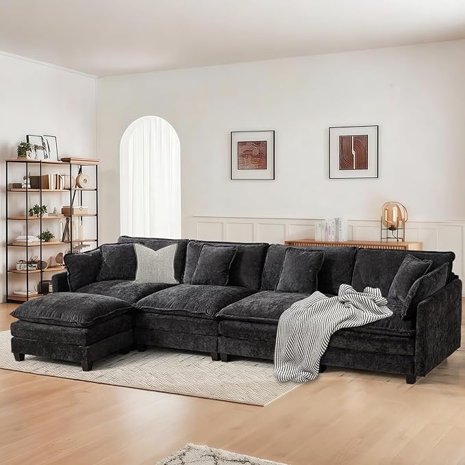 SoarFlash 143.2" Chenille Sectional Sofa, Comfy L Shaped Modular Coush Sofa with Ottoman, Modern 4 Seat Couch Deep Seat Sofa Set for Living Room,Black