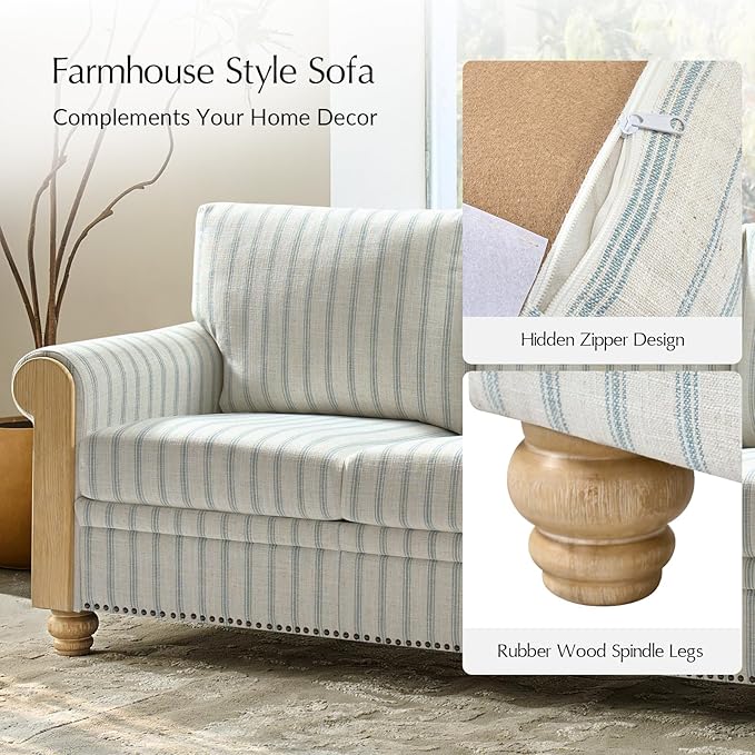 EcoHarbor Living 3-Seater Couch, Stripe 81" Mid-Century Modern Upholstered Sofa with Armrests, Stripe Couches for Living Room, Bedroom, Office, Apartment, Blue