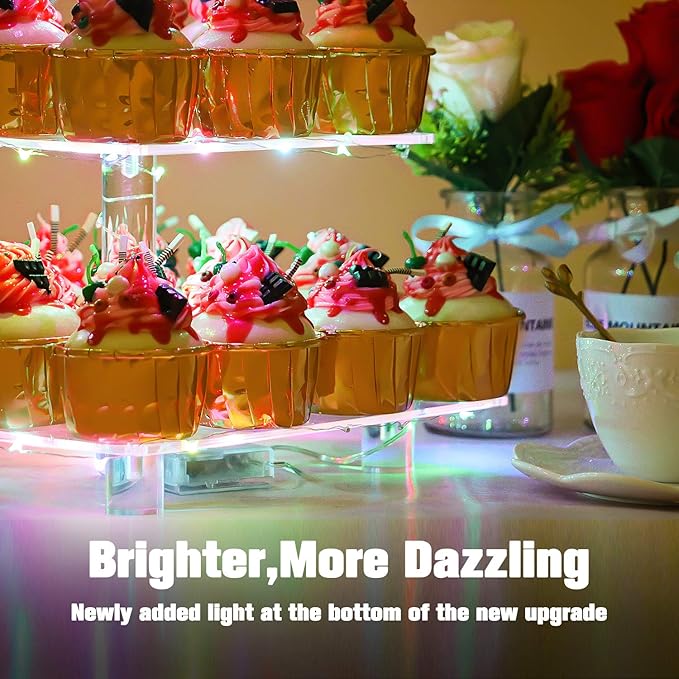 YestBuy 3 Tier Cupcake Stand - Premium Cupcake Holder - Acrylic Cupcake Tower Display - Acrylic Display for Pastry + LED Light String - Ideal for Weddings, Birthday Parties(Multicolored)