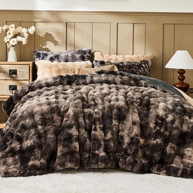 Lotus Karen Faux Fur Queen Comforter Set – Tie-Dye Dark Gray Fluffy Comforter Queen Size, Big Bubble Faux Rabbit Fur Bedding Comforter Sets, Cozy Fuzzy Bed Set 3 Pieces, 1 Comforter and 2 Pillowcases
