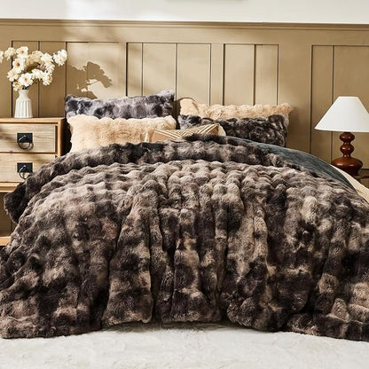 Lotus Karen Faux Fur Queen Comforter Set – Tie-Dye Dark Gray Fluffy Comforter Queen Size, Big Bubble Faux Rabbit Fur Bedding Comforter Sets, Cozy Fuzzy Bed Set 3 Pieces, 1 Comforter and 2 Pillowcases