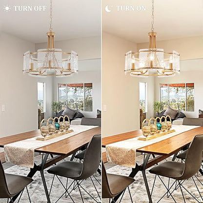 5-Light Gold Glass Chandelier for Dining Room, Modern Textured Glass Light Fixture Gold Chandeliers, Drum Round Chandelier for Kitchen Island Living Room Foyer Bedroom, E12