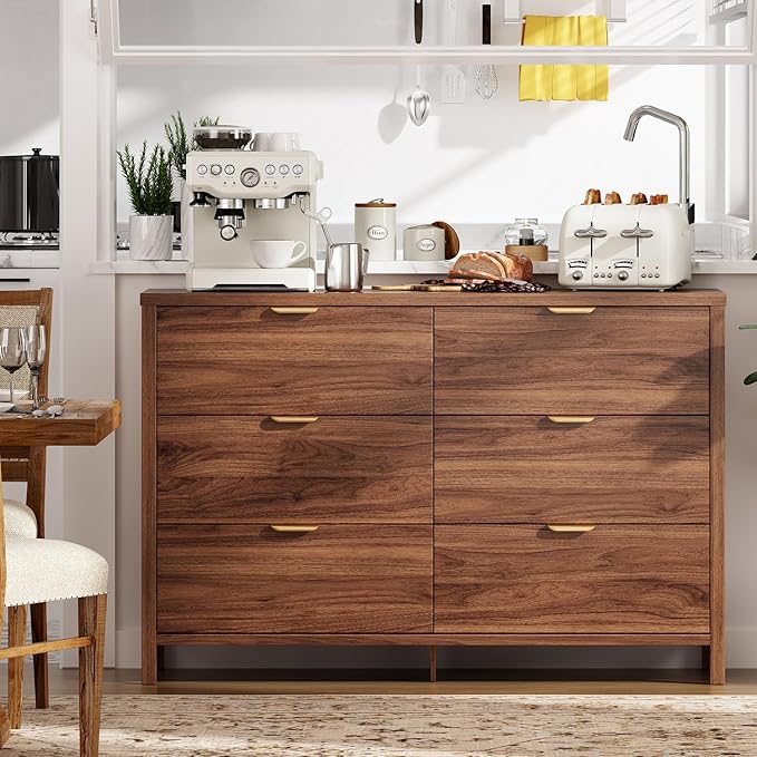 Fluted Dresser for Bedroom with 6 Drawers, 47.2" Modern Chest of Drawers, Dresser TV Stand, Wood Drawer Organizer for Living Room, Hallway, Brown