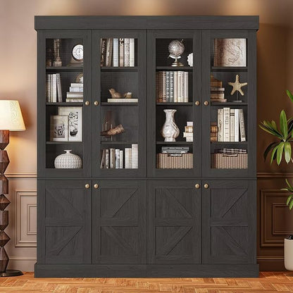 Vyre 71" Tall Farmhouse Bookshelves with Glass Doors, Set of 3 – Large Modular Bookcase with Adjustable Shelves, Storage Cabinet for Living Room, Kitchen, Home Office, Black