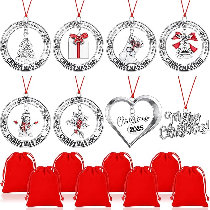 Zhengmy 8 Pieces Christmas Ornaments 2025 Solid Pewter Christmas Tree Ornament Metal Gnomes Santa Angel Snowman Hanging Craft Xmas Gifts with Red Bags(Novelty)