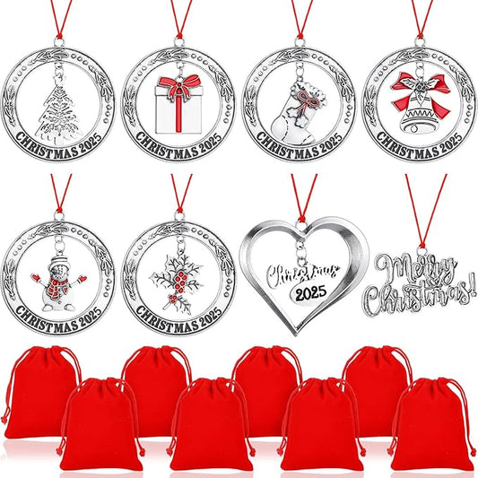 Zhengmy 8 Pieces Christmas Ornaments 2025 Solid Pewter Christmas Tree Ornament Metal Gnomes Santa Angel Snowman Hanging Craft Xmas Gifts with Red Bags(Novelty)