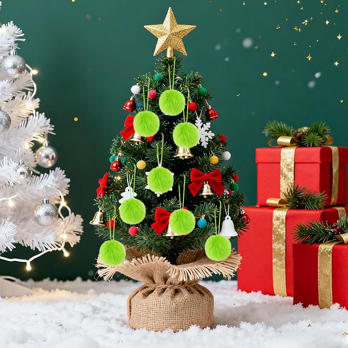 12 Pcs Lime Green Furry Christmas Balls Ornaments Green Christmas Hanging Decorations for Xmas Tree Faux Fur Pom Pom Ball Ornaments for Wreath Fireplace Wall Home Party Supplies