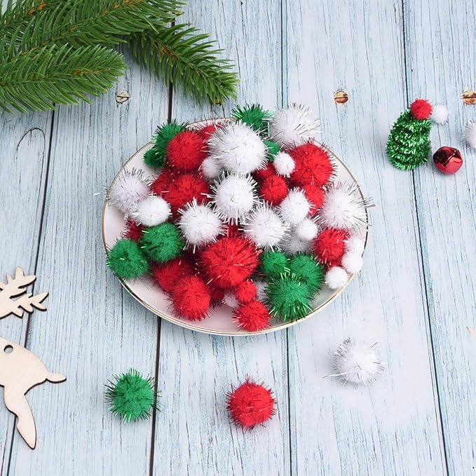 Livder Christmas Pom Poms Pompoms Red Green White Glitter Fluffy Balls, DIY Art Crafts Decorations Supplies (4 Sizes, 900 Pieces) (Pack of 2)