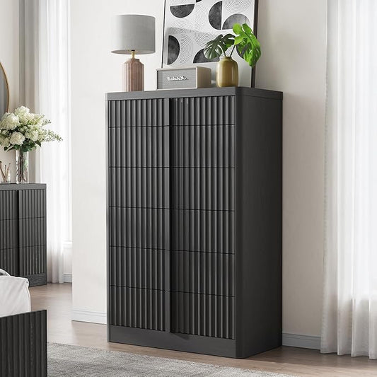 Fluted Dresser for Bedroom, 48" Tall 6 Drawer Dresser, Modern Chest of Drawers with Solid Wood Handle, Curved Profile Design, Wood Dressers Storage Organizer, Living Room, Hallway, Black