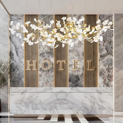 L79 Large Modern Chandelier, 16 Lights Gold Branch Chandeliers, Luxury Ceramic Ginkgo Ceiling Light Fixtures, Hanging Brass Chandelier for Dining Room Hotel Kitchen Island Living Room