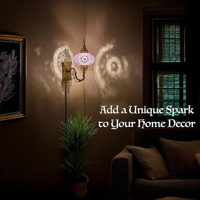 DEMMEX Turkish Moroccan Tiffany Style Mosaic Wall Sconce Lamp Light, Big Size Globe, Decorated Brass Body, Handmade, 15x5 Inches, Purple Lilac