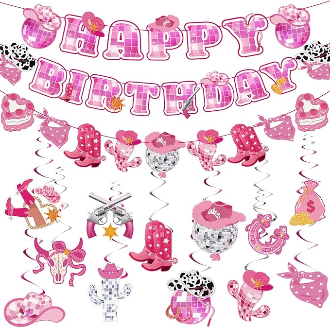 Disco Cowgirl Birthday Party Decorations, Pre-strung Happy Birthday Banners and 12 Hanging Swirls, Western Disco Theme Party Supplies for Girls, Teens, or Adults