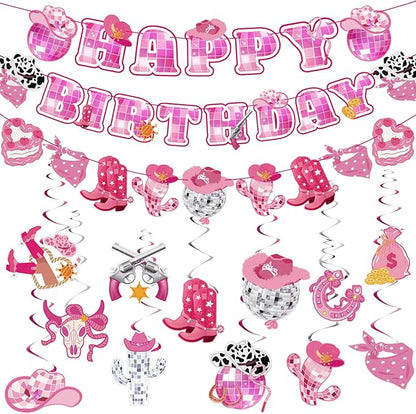 Disco Cowgirl Birthday Party Decorations, Pre-strung Happy Birthday Banners and 12 Hanging Swirls, Western Disco Theme Party Supplies for Girls, Teens, or Adults