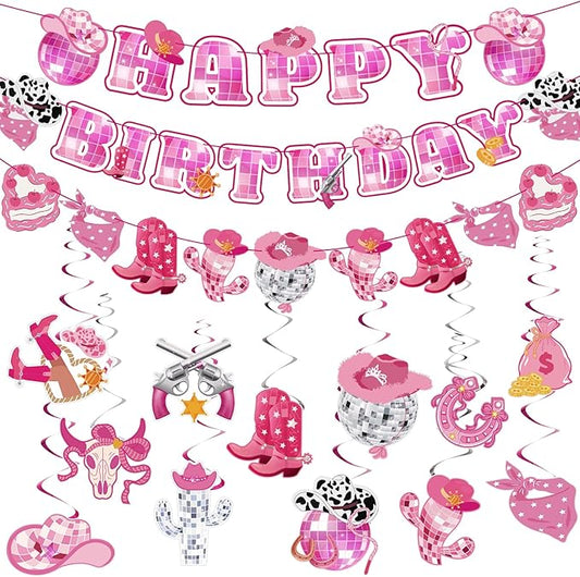 Disco Cowgirl Birthday Party Decorations, Pre-strung Happy Birthday Banners and 12 Hanging Swirls, Western Disco Theme Party Supplies for Girls, Teens, or Adults