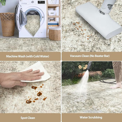 Round Rug 5ft Circle Rug Washable: Carpet Small Circular Area Rug for Entryway Kitchen Bedroom Dining Room Living Room 5 Feet Abstract College Dorm Non Slip Low Pile Beige Brown