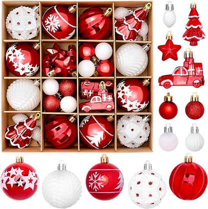 DeckTheHalls 42 Pcs Christmas Ornaments, Various Styles of Christmas Ball Ornaments, Shatterproof Christmas Balls for Holiday Xmas Tree Decor, Hanging Ornament for Indoor Decoration (Red & White)