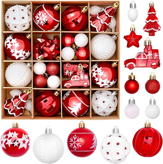 DeckTheHalls 42 Pcs Christmas Ornaments, Various Styles of Christmas Ball Ornaments, Shatterproof Christmas Balls for Holiday Xmas Tree Decor, Hanging Ornament for Indoor Decoration (Red & White)