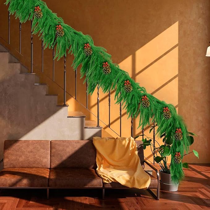 2Pcs 9 FT Artificial Norfolk Pine Garlands, Realistic Christmas Garland Thickness Real Touch Winter Greenery Garland for Table Mantle Wall Indoor Outdoor Christmas Decor